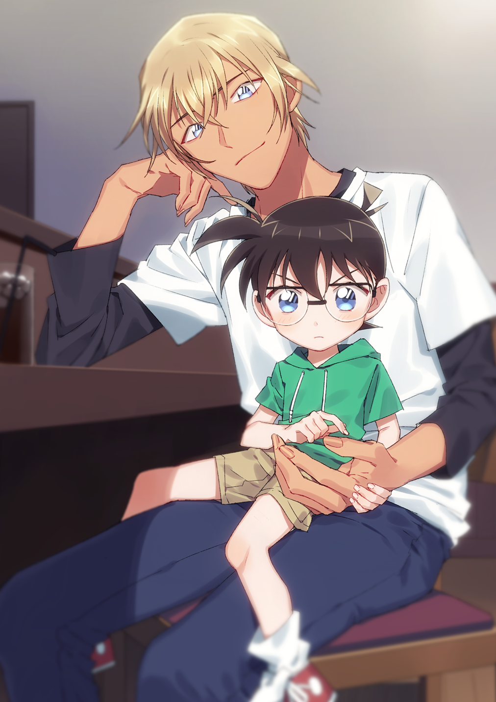 2boys amuro_tooru bangs black-framed_eyewear black_shirt blonde_hair blue_eyes blue_pants blurry blush brown_hair brown_shorts casual chair child closed_mouth commentary_request depth_of_field drawstring drinking_straw edogawa_conan elbow_rest feet_out_of_frame fingernails glass glasses green_hoodie hair_between_eyes hand_on_another's_hand hand_on_own_face hand_up head_tilt height_difference highres hood hood_down hoodie ice ice_cube indoors k_(gear_labo) long_sleeves looking_at_another male_focus meitantei_conan multiple_boys on_chair pants red_footwear shadow shirt shoes short_hair short_over_long_sleeves short_sleeves shorts sitting sitting_on_lap sitting_on_person smile sneakers socks table white_legwear white_shirt