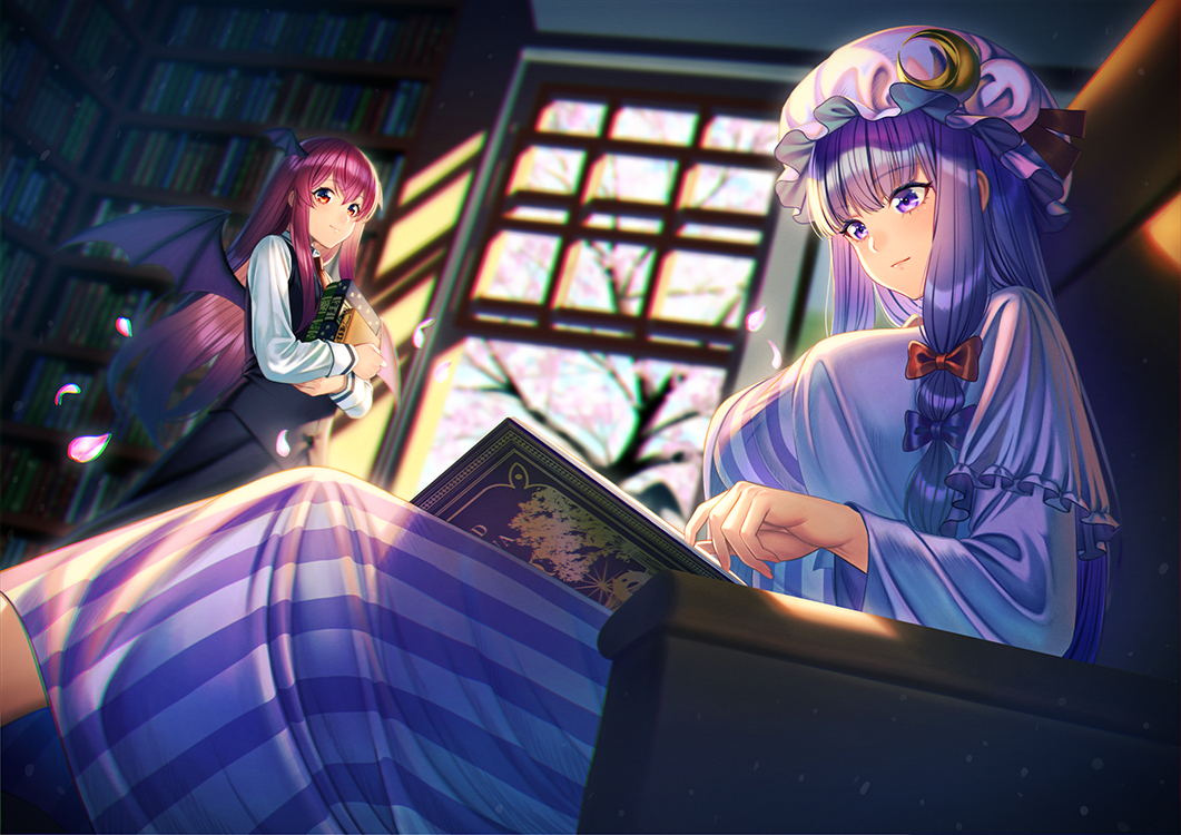 2girls bat_wings black_skirt black_vest blue_bow blurry blurry_background book bookshelf bow breasts chromatic_aberration closed_mouth crescent dress hair_bow hat head_wings indoors koakuma large_breasts light_smile long_hair mob_cap multiple_girls object_hug patchouli_knowledge purple_capelet purple_dress purple_hair purple_headwear reading red_bow red_eyes redhead shirt sidelocks sitting skirt skirt_set striped striped_dress touhou unowen vest violet_eyes white_shirt wings