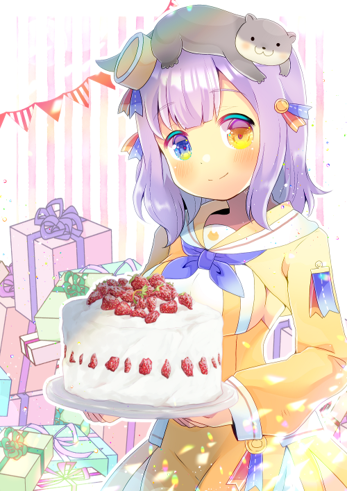 1girl animal animal_on_head animal_request bangs blue_eyes blue_neckwear blush box breasts brown_eyes cake character_request closed_mouth dress eyebrows_visible_through_hair food fruit gift gift_box heterochromia holding holding_plate indie_virtual_youtuber kouu_hiyoyo long_sleeves looking_at_viewer medium_breasts on_head pennant plate puffy_long_sleeves puffy_sleeves purple_hair sailor_collar sailor_dress sleeves_past_wrists smile solo strawberry string_of_flags striped striped_background vertical_stripes white_sailor_collar yellow_dress yellow_eyes