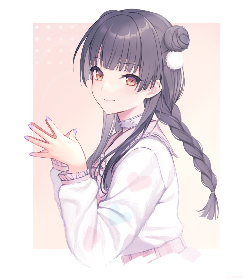 1girl bangs black_hair braid choker collar double_bun eyebrows_visible_through_hair fingers_together frilled_choker frilled_collar frilled_sleeves frills fur-trimmed_jacket fur_trim gradient gradient_background hair_ornament hands_together hands_up heart heart_print idolmaster idolmaster_shiny_colors jacket leather_choker long_sleeves looking_at_viewer looking_to_the_side mayuzumi_fuyuko nail_polish ribbon ribbon_trim shiba_0 simple_background smile solo steepled_fingers two_side_up upper_body
