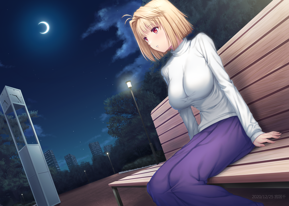 1girl arcueid_brunestud bench blonde_hair blush breasts crescent dutch_angle from_side lamppost large_breasts miyai_sen park park_bench purple_skirt red_eyes short_hair sitting skirt skyline solo sweater tree tsukihime turtleneck turtleneck_sweater type-moon white_sweater