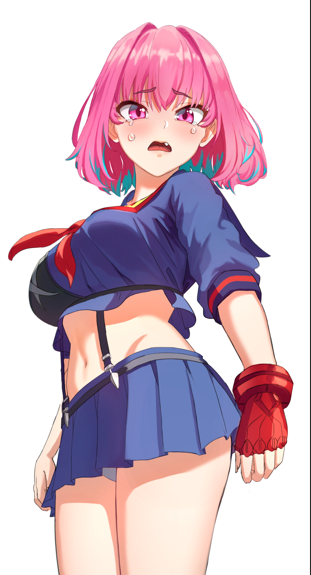 1girl blue_hair blush breasts cosplay eyebrows_visible_through_hair fang highres idol idolmaster idolmaster_cinderella_girls idolmaster_cinderella_girls_starlight_stage kill_la_kill large_breasts matoi_ryuuko matoi_ryuuko_(cosplay) midriff multicolored_hair navel open_mouth panties pink_eyes pink_hair pleated_skirt pumpkin_king school_uniform senketsu serafuku shirt short_hair simple_background skirt solo suspenders t-shirt tears two-tone_hair underwear white_background white_panties yumemi_riamu