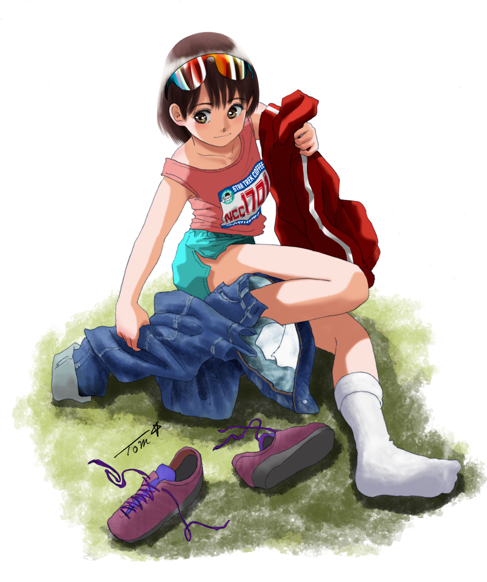 1girl aqua_shorts blue_pants brown_footwear brown_hair chutohampa eyewear_on_head highres jacket original pants pants_removed pink_shirt print_shirt red_jacket shirt shoes shoes_removed short_hair shorts signature sitting socks solo white_legwear