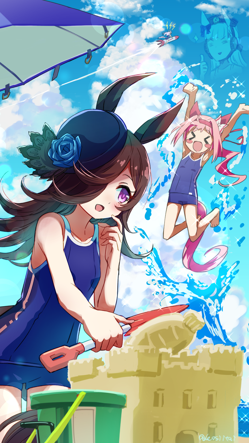 &gt;_&lt; 4girls :d =_= animal_ears bangs bare_arms bare_shoulders beach_umbrella black_headwear blue_bow blue_flower blue_rose blue_sky blue_swimsuit blush blush_stickers bow brown_hair brown_headwear bucket closed_eyes clouds cloudy_sky commentary_request day ear_bow eyebrows_visible_through_hair flower gold_ship_(umamusume) hair_over_one_eye haru_urara_(umamusume) hat hat_flower headband highres holding horse_ears horse_girl horse_tail kingin long_hair mejiro_mcqueen_(umamusume) multiple_girls one-piece_swimsuit open_mouth outdoors pink_hair ponytail projected_inset red_headband rice_shower_(umamusume) rocket rose sand_castle sand_sculpture sky smile sparkle swimsuit tail thumbs_up tilted_headwear trowel twitter_username umamusume umbrella v-shaped_eyebrows very_long_hair violet_eyes water xd