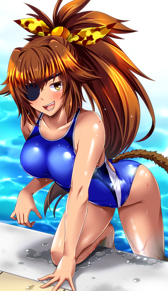 1girl all_fours bombergirl breasts brown_eyes brown_hair collarbone commentary_request competition_swimsuit eyepatch fang hair_ribbon highres large_breasts long_hair one-piece_swimsuit open_mouth oren_(bombergirl) ponytail ribbon solo swimsuit tail tan tsuchimiya upper_teeth wet wet_clothes wet_swimsuit