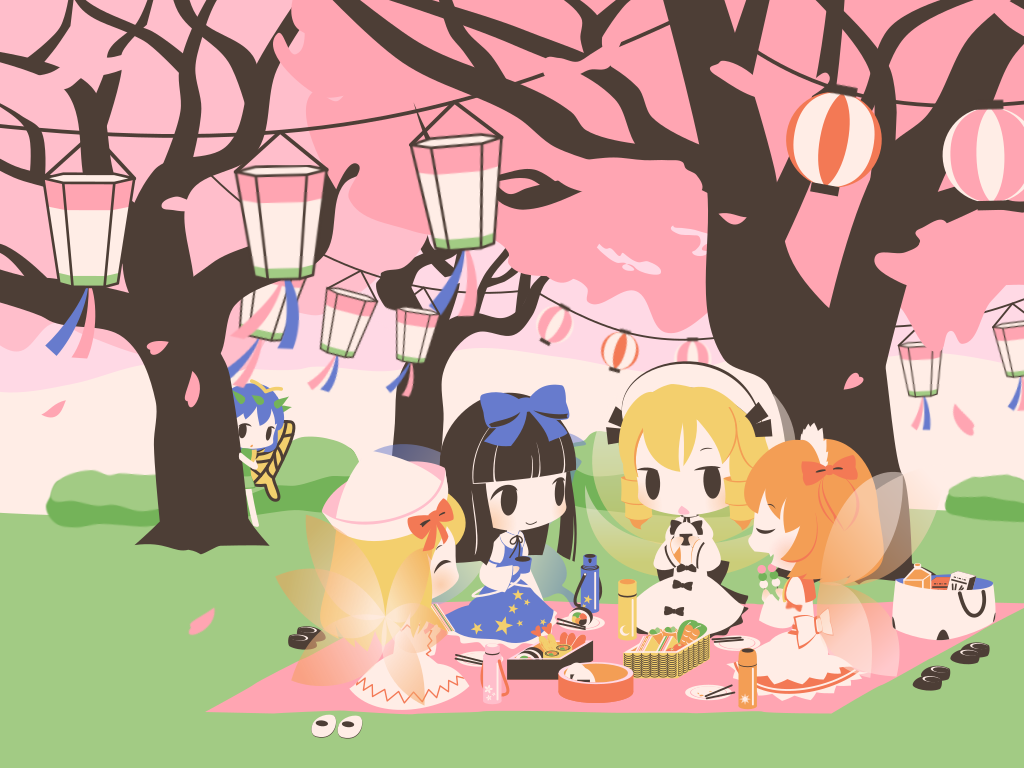 5girls antennae back_bow bag black_bow black_hair blonde_hair blue_dress blue_hair bottle bow bread cherry_blossoms chestnut_mouth chibi chopsticks closed_eyes cobalta cup dango dress drill_hair eating eternity_larva eyebrows_visible_through_hair fairy fairy_wings food frilled_dress frills green_shirt green_skirt hair_bow hairband hat hat_bow hime_cut holding holding_cup insect_wings lantern lily_white long_hair long_sleeves luna_child multiple_girls neck_ribbon obentou omelet onigiri open_mouth orange_capelet orange_hair paper_lantern peeking plate red_bow ribbon sandwich shirt shoes shoes_removed short_hair shrimp shrimp_tempura sitting skirt smile star_(symbol) star_print star_sapphire sunny_milk sushi tamagoyaki tempura thermos touhou wagashi white_bow white_dress white_headwear wings