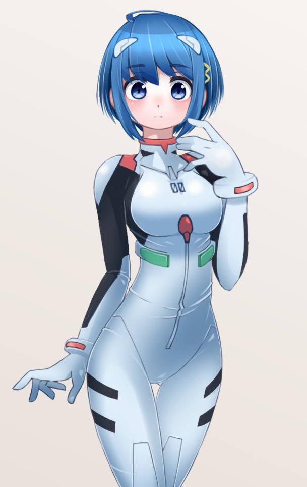 1girl ahoge ayanami_rei ayanami_rei_(cosplay) blue_eyes blue_hair bodysuit commentary_request cosplay cowboy_shot grey_background hair_ornament hairclip hoyofu interface_headset mahou_shoujo_madoka_magica miki_sayaka multicolored multicolored_bodysuit multicolored_clothes neon_genesis_evangelion pilot_suit plugsuit short_hair simple_background solo white_bodysuit