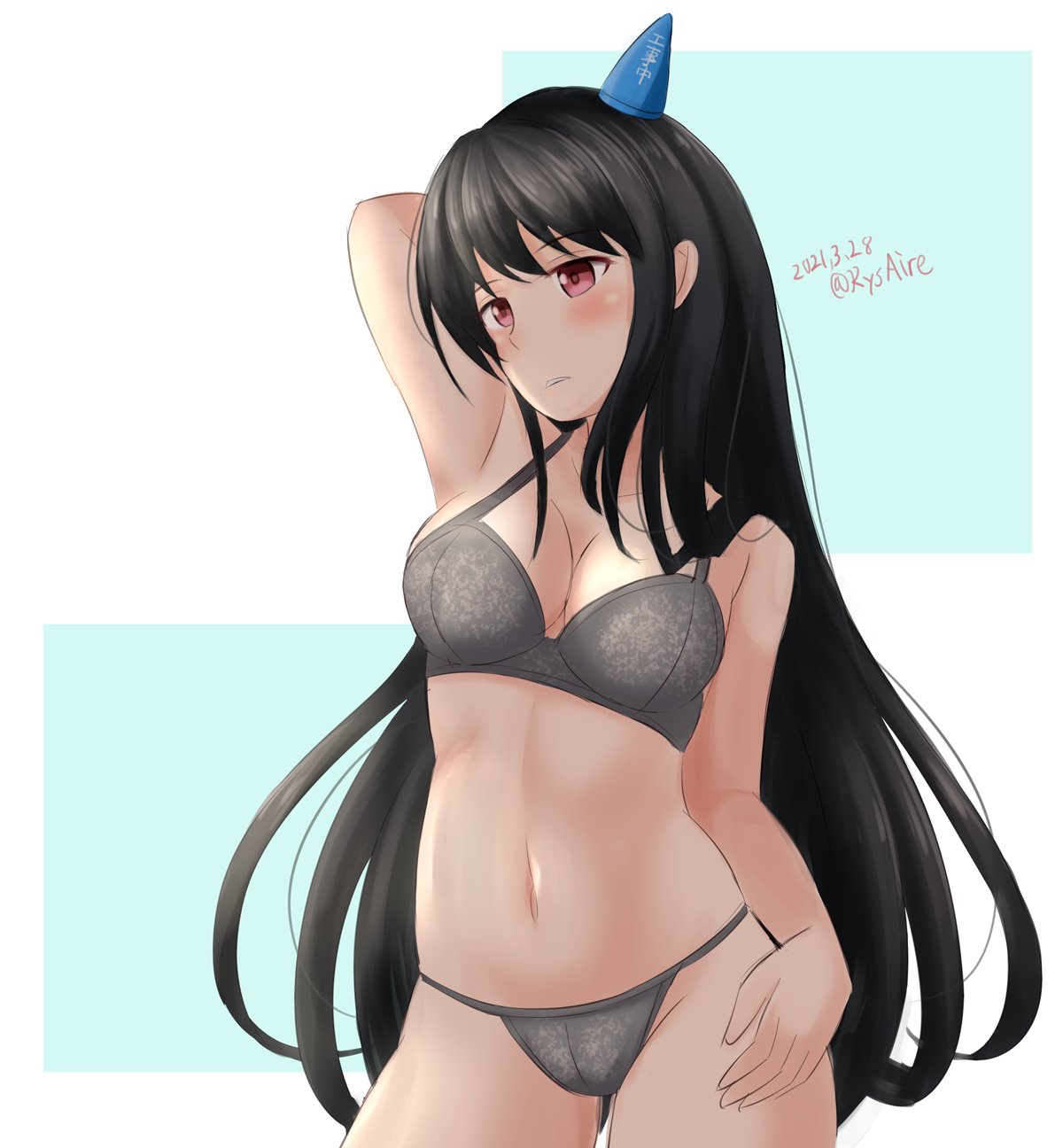 1girl ame-san black_hair bra breasts cone contrapposto cowboy_shot dated fusou_(kancolle) grey_bra grey_panties hair_ornament highres kantai_collection large_breasts long_hair panties red_eyes solo standing twitter_username two-tone_background underwear underwear_only white_background