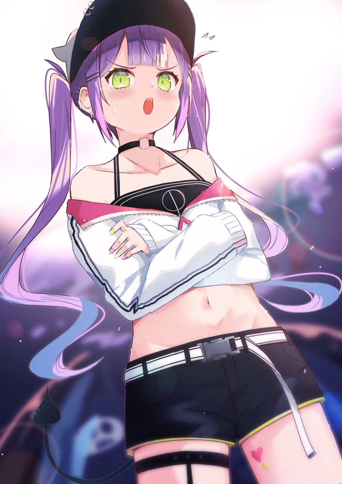 1girl baseball_cap belt bibi_(tokoyami_towa) black_camisole black_choker black_shorts blurry blurry_background blush breasts camisole choker collarbone commentary cowboy_shot crop_top cropped_jacket crossed_arms demon_tail ear_piercing furrowed_eyebrows green_nails groin hair_ornament hairclip halter_top halterneck hat heart heart_tattoo highres hololive jacket long_hair looking_at_viewer midriff multicolored multicolored_nails nail_polish navel o-ring o-ring_choker off_shoulder open_mouth partially_unzipped piercing popup purple_hair purple_nails rainbow short_shorts shorts simple_background small_breasts solo spirit standing sweatdrop tail tattoo thigh_strap thigh_tattoo tokoyami_towa twintails virtual_youtuber white_background white_belt white_jacket