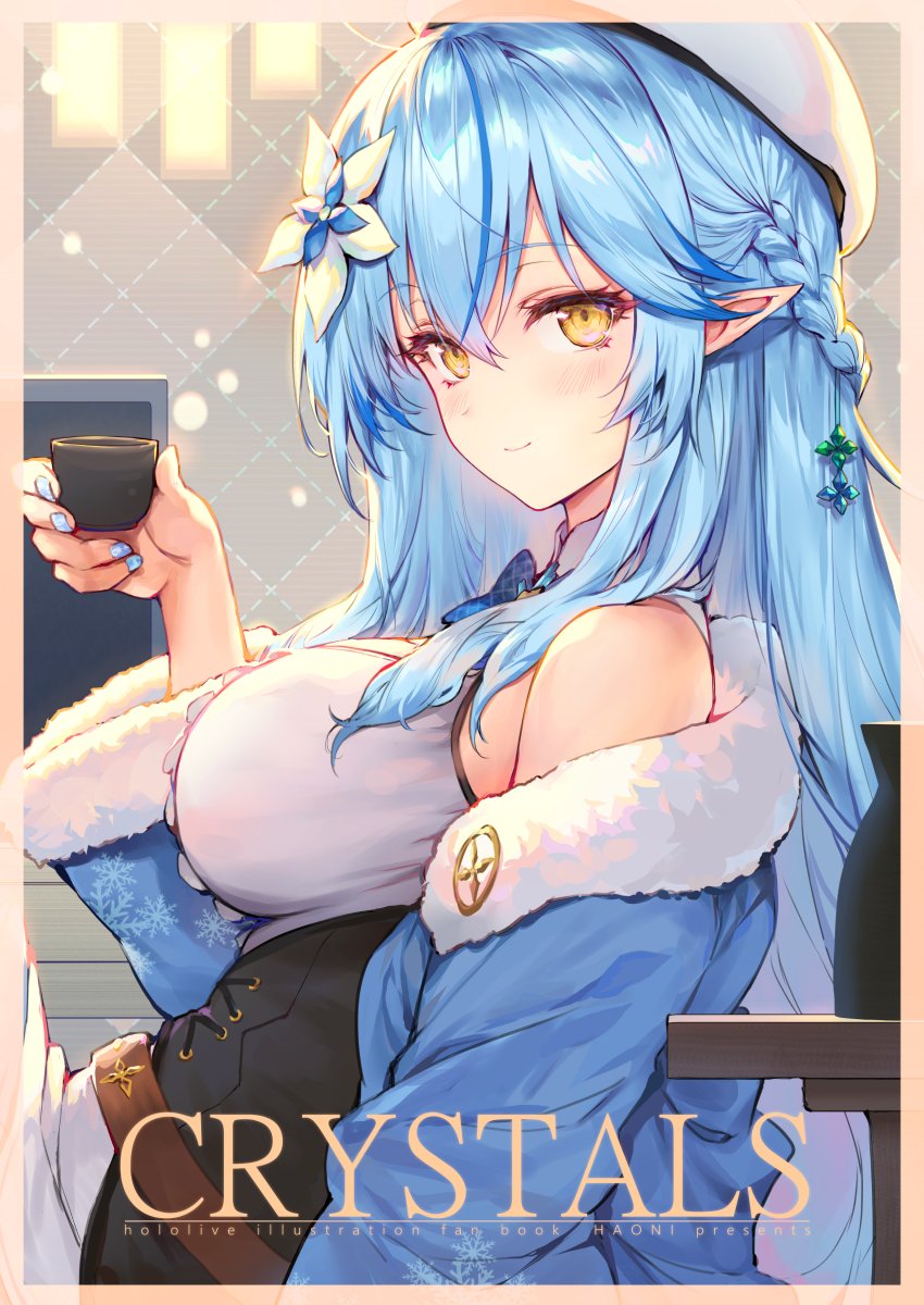 1girl ahoge alcohol bangs bare_shoulders beret blue_hair bottle braid breasts cup elf eyebrows_visible_through_hair fingernails flower gradient_hair hair_between_eyes hair_flower hair_ornament hand_up haoni hat highres holding holding_cup hololive indoors large_breasts looking_at_viewer multicolored_hair pointy_ears sake sake_bottle sitting smile solo table television virtual_youtuber yellow_eyes yukihana_lamy