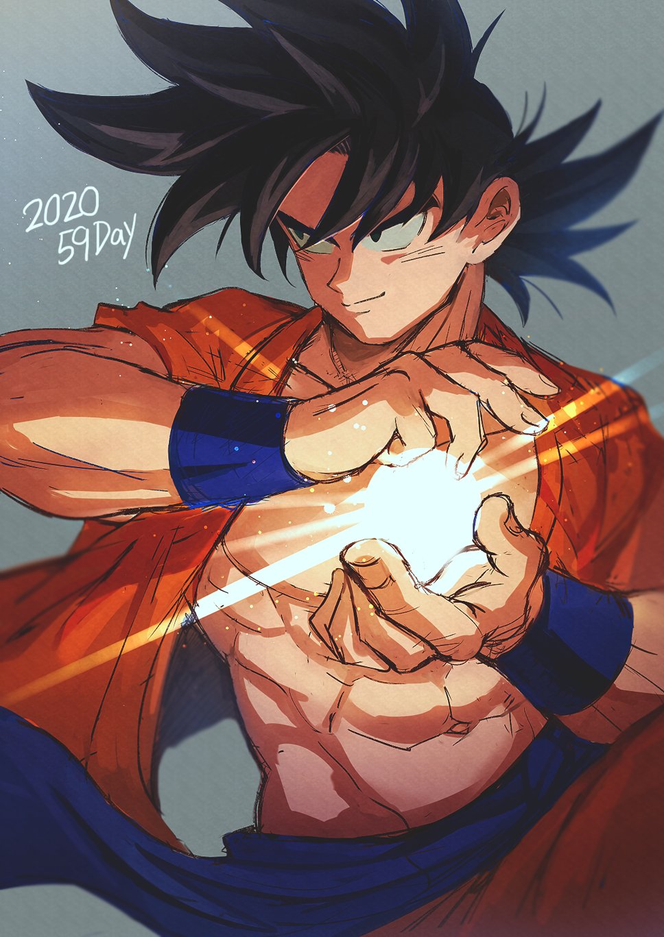 1boy 2020 abs belt black_eyes black_hair blue_belt blurry blurry_background closed_mouth collarbone cupping_hands depth_of_field dragon_ball dragon_ball_super dragon_ball_z energy_ball facing_viewer fingernails grey_background hands_up highres light light_particles light_rays looking_afar looking_to_the_side loose_belt male_focus mamefuku_(mamedehuku) muscular navel open_clothes open_shirt orange_shirt pectorals shaded_face shirt simple_background smile son_goku spiky_hair upper_body wristband