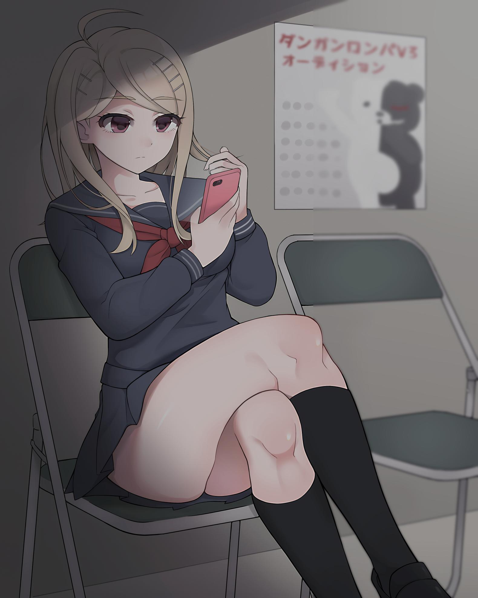 1girl ahoge akamatsu_kaede ass black_footwear black_legwear breasts cellphone chair character_print collarbone commentary_request crossed_legs dangan_ronpa_(series) dangan_ronpa_v3:_killing_harmony feet_out_of_frame hair_ornament hairclip hands_up highres holding holding_phone kneehighs loafers long_hair long_sleeves medium_breasts monokuma neckerchief official_alternate_costume phone pleated_skirt raimone_(nekokirinv3) school_uniform serafuku shirt shoes sitting skirt smartphone solo