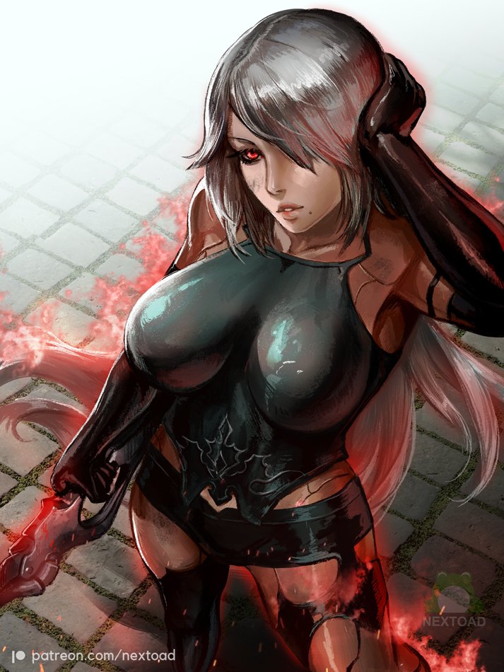 1girl android arm_strap aura bangs bare_shoulders black_gloves black_sclera black_shorts breasts colored_sclera elbow_gloves gloves hair_over_one_eye hand_on_own_head holding holding_weapon joints large_breasts looking_at_viewer looking_up mole mole_under_mouth nextoad nier_(series) nier_automata patreon_username red_eyes short_shorts shorts solo thigh-highs watermark weapon white_hair yorha_type_a_no._2