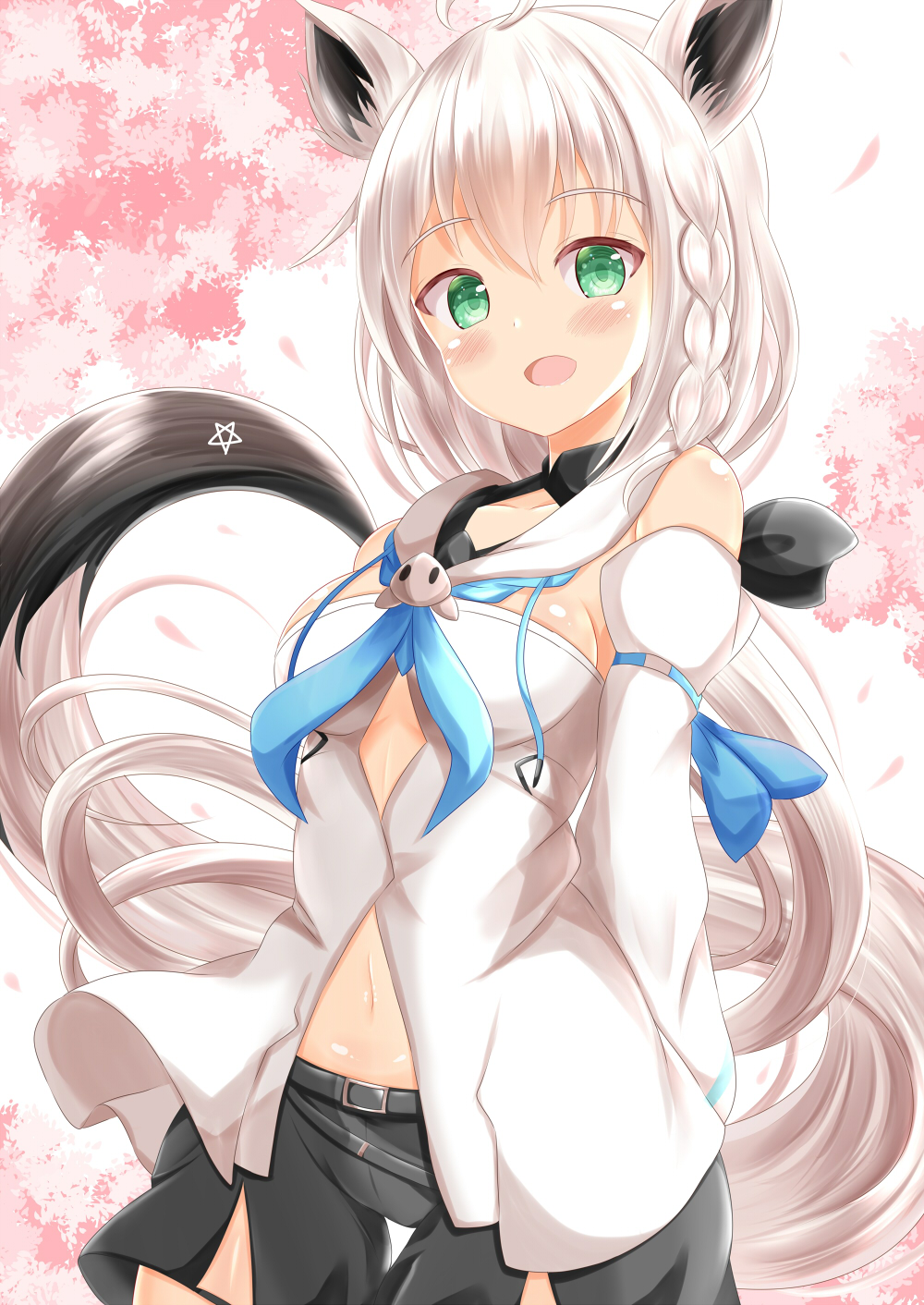 1girl :d animal_ear_fluff animal_ears bangs bare_shoulders black_shorts blue_neckwear blush braid breasts commentary_request detached_sleeves eyebrows_visible_through_hair fox_ears fox_girl fox_tail green_eyes hair_between_eyes highres hololive long_hair long_sleeves looking_at_viewer medium_breasts navel neckerchief open_mouth shirakami_fubuki short_shorts shorts smile solo star_(symbol) tail very_long_hair virtual_youtuber white_hair white_sleeves zenon_(for_achieve)