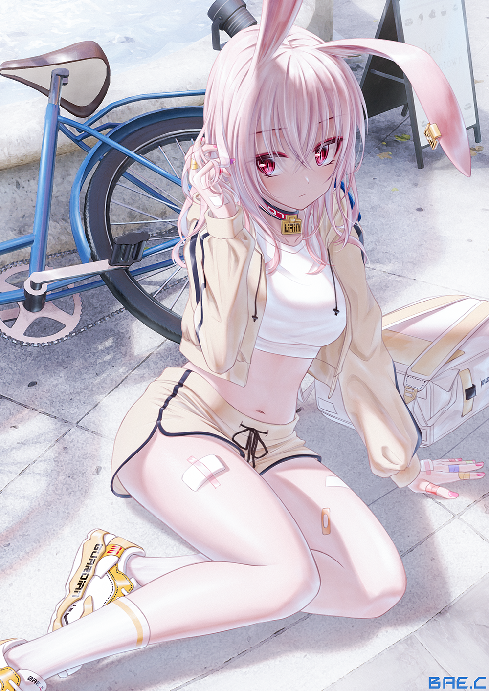1girl animal_ears bae.c bandaid bicycle breasts choker crop_top cropped_jacket dolphin_shorts drawstring eyeshadow ground_vehicle hand_up highres jacket lirin_(bae.c) long_hair long_sleeves looking_at_viewer makeup medium_breasts midriff name_tag navel open_clothes open_jacket outdoors rabbit_ears red_eyes shirt shoes short_shorts shorts sitting sneakers socks solo stomach sunlight thighs tsumi_no_hahen_(debris) white_hair white_legwear white_shirt yellow_jacket yellow_shorts yokozuwari