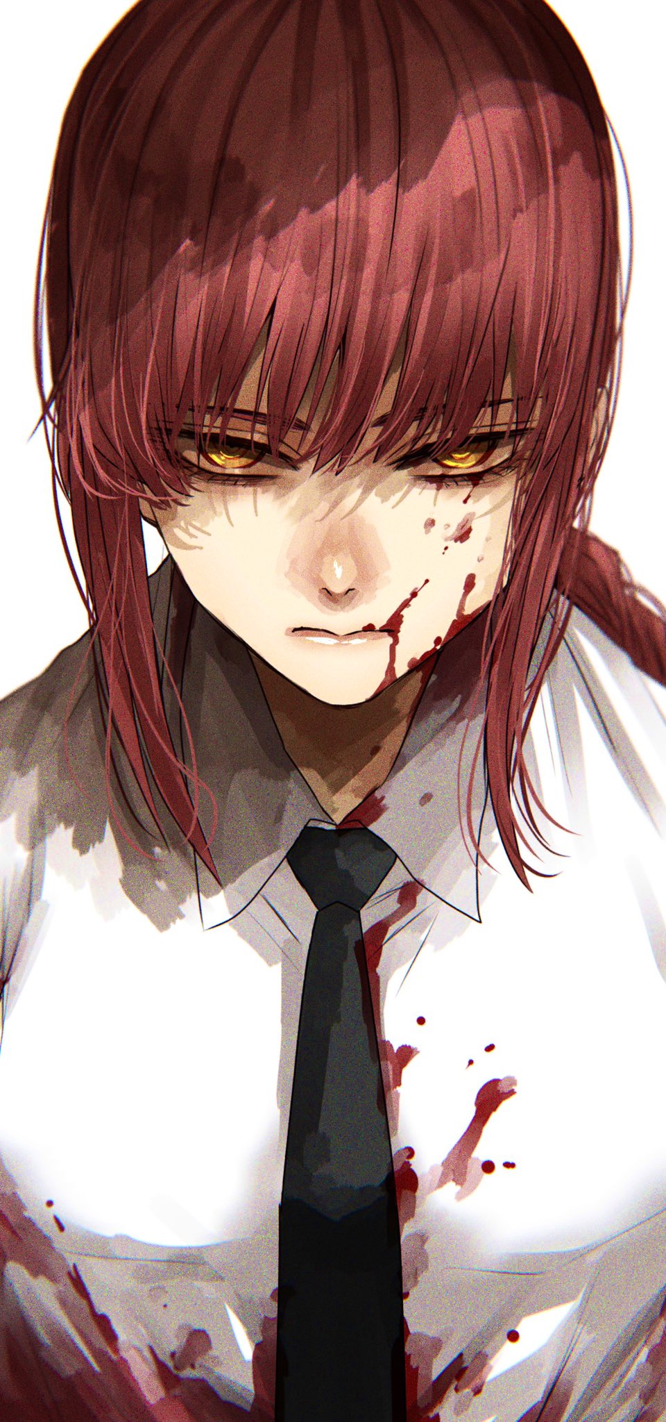 1girl black_neckwear blood blood_on_face blood_splatter bloody_clothes braid braided_ponytail breasts chainsaw_man closed_mouth collared_shirt commentary dress_shirt glaring highres hoshi_san_3 lips looking_at_viewer makima_(chainsaw_man) medium_breasts medium_hair necktie redhead ringed_eyes shade shirt simple_background solo upper_body white_background wing_collar yellow_eyes