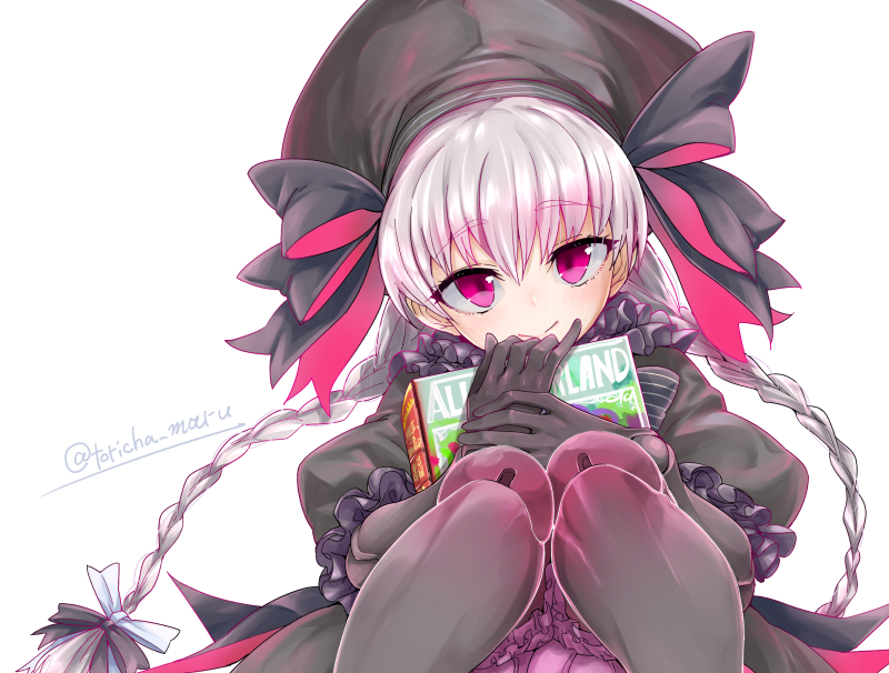 alice_(fate) bangs beret black_dress black_headwear blush book bow braid breasts closed_mouth doll_joints dress fate/extra fate_(series) frills hat joints knees_up long_hair looking_at_viewer nursery_rhyme_(fate) puffy_short_sleeves puffy_sleeves short_sleeves silver_hair small_breasts smile torichamaru twin_braids violet_eyes