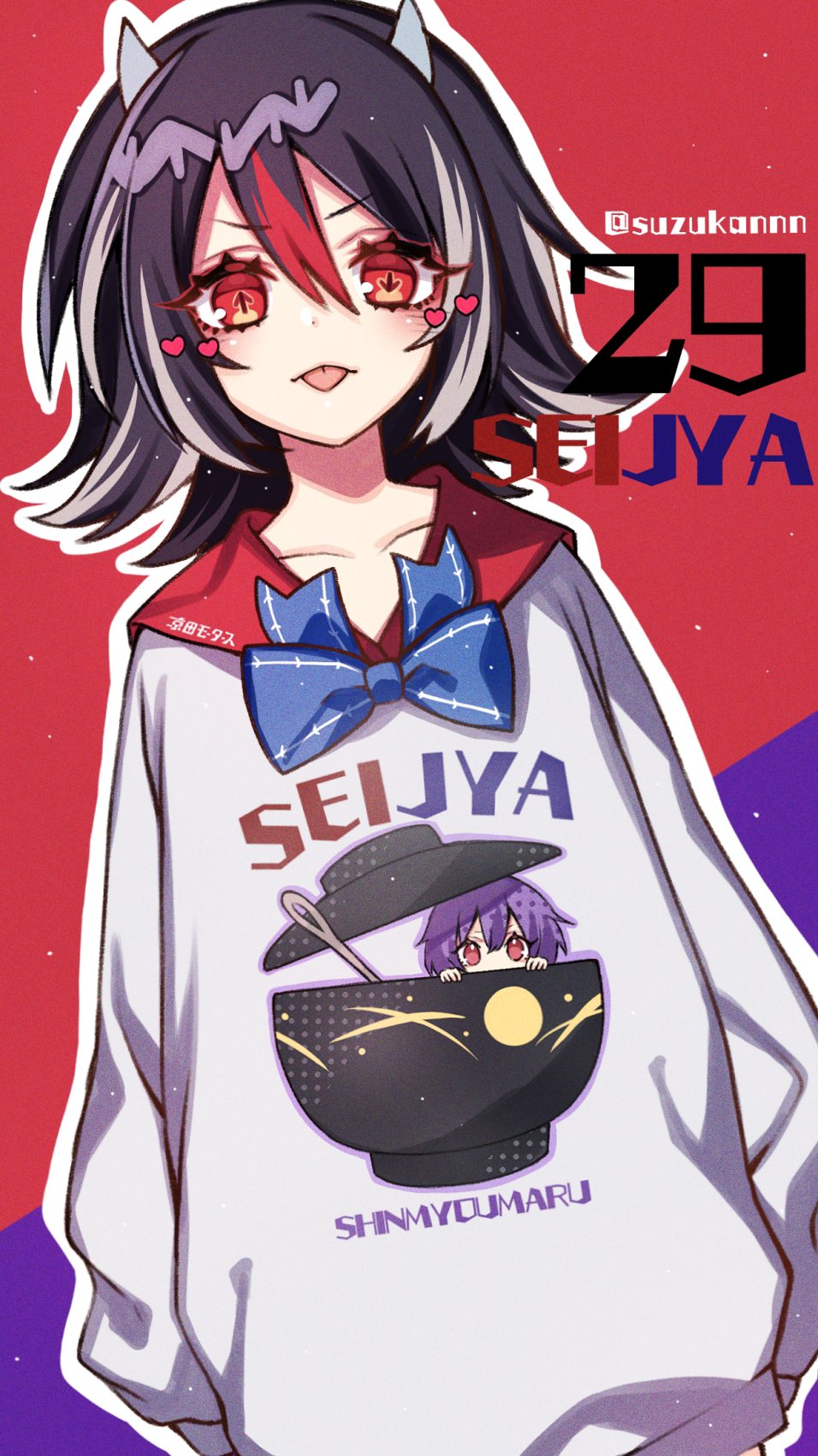 1girl adapted_costume arrow_(symbol) bangs black_hair blue_bow blue_neckwear bow bowl bowtie character_name clothes_writing collarbone eyebrows_visible_through_hair hair_between_eyes highres horns in_bowl in_container kijin_seija kyouda_suzuka long_sleeves looking_at_viewer multicolored multicolored_background multicolored_hair needle puffy_sleeves purple_background purple_hair red_background red_eyes redhead short_hair solo standing streaked_hair sukuna_shinmyoumaru sweater symbol-shaped_pupils tongue tongue_out touhou two-tone_background typo v-shaped_eyebrows white_hair white_sweater