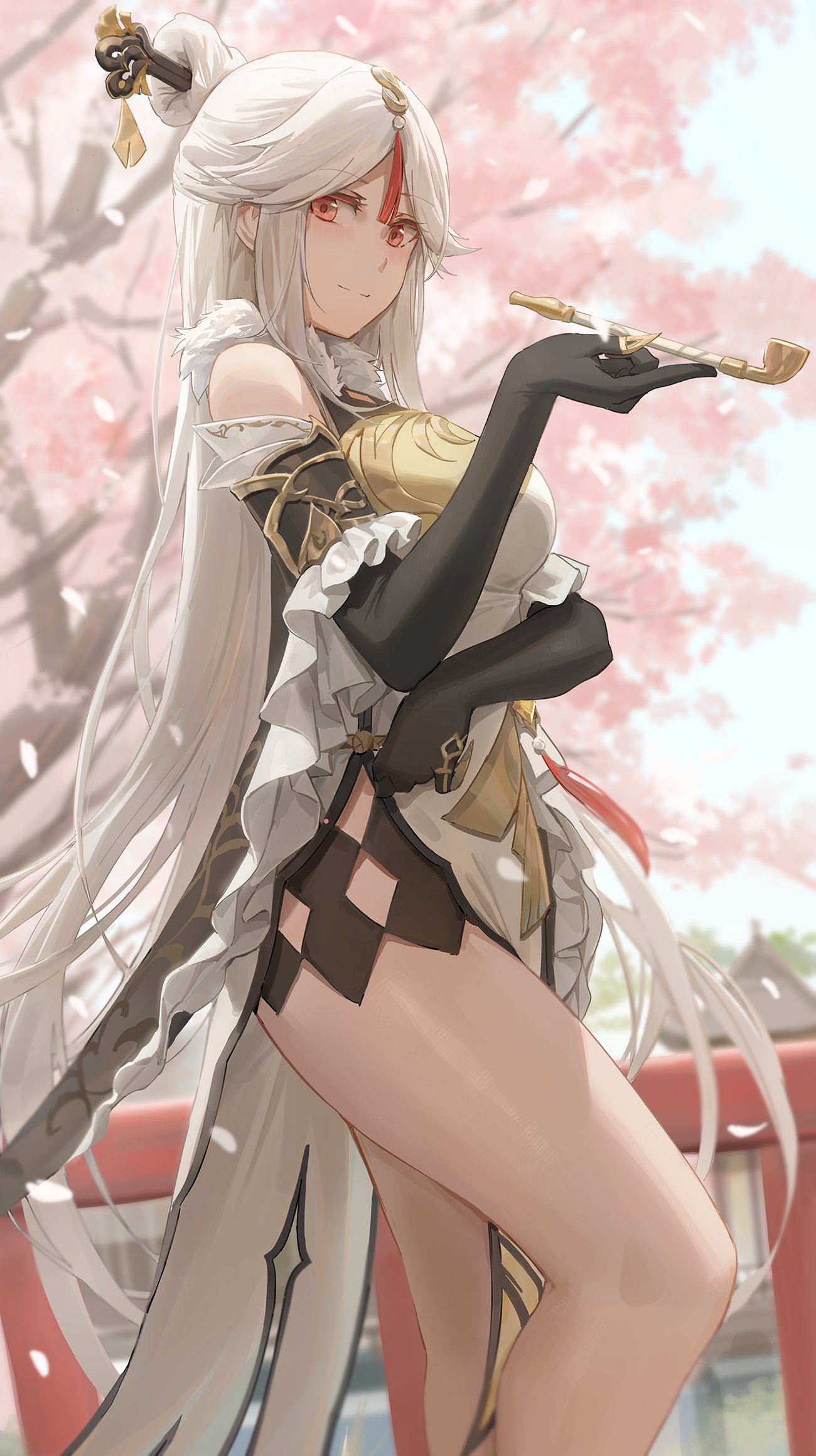 1girl bangs bare_legs black_gloves blush breasts cherry_blossoms claw_ring closed_mouth day detached_sleeves dress elbow_gloves eyebrows_visible_through_hair feet_out_of_frame free_style_(yohan1754) frilled_sleeves frills from_side genshin_impact gloves hair_ornament hair_stick highres holding holding_pipe looking_at_viewer looking_to_the_side medium_breasts ningguang_(genshin_impact) outdoors parted_bangs pelvic_curtain petals pipe railing short_sleeves silver_hair smile solo spring_(season) standing tassel thighs tree white_dress