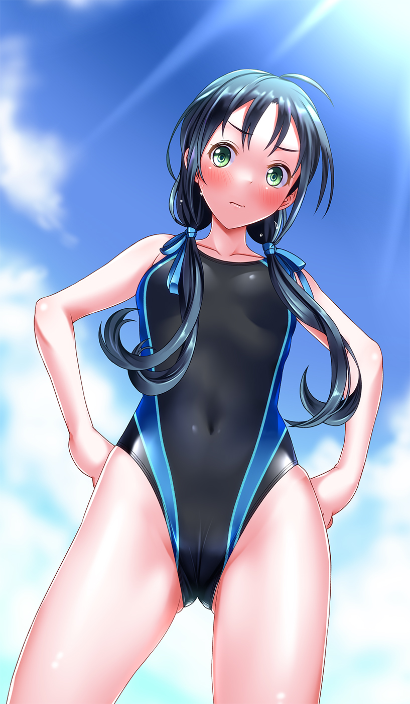 1girl alternate_costume ass_visible_through_thighs black_swimsuit blue_hair blue_sky blush breasts clouds commentary_request commission competition_swimsuit covered_navel cowboy_shot day eyebrows_visible_through_hair green_eyes hair_ribbon hand_on_hip highleg highleg_swimsuit highres kantai_collection long_hair looking_at_viewer low_twintails one-piece_swimsuit outdoors ribbon skeb_commission sky solo standing suzukaze_(kancolle) swimsuit tsuchimiya twintails