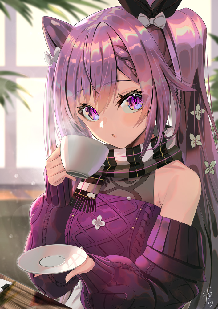 1girl :o bangs bare_shoulders black_ribbon blush bow braid braided_bangs cable_knit casual cup double_bun eyebrows_visible_through_hair genshin_impact hair_bow hair_cones hair_ornament hair_ribbon holding holding_cup holding_plate indoors keqing_(genshin_impact) long_hair long_sleeves looking_at_viewer off-shoulder_sweater off_shoulder official_alternate_costume parted_lips plate purple_hair ribbon scarf sidelocks signature solo sweater twintails upper_body violet_eyes white_bow window yamahara
