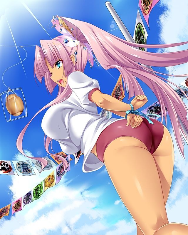1girl arms_behind_back ass blue_eyes bound bound_wrists bread breasts buruma clouds dark_skin flag food from_behind gym_uniform hair_intakes hikage_eiji kneepits koihime_musou large_breasts legs long_hair official_art one_eye_closed outdoors pink_hair ponytail red_buruma shirt short_sleeves sky solo sonsaku sports_festival thighs very_long_hair white_shirt