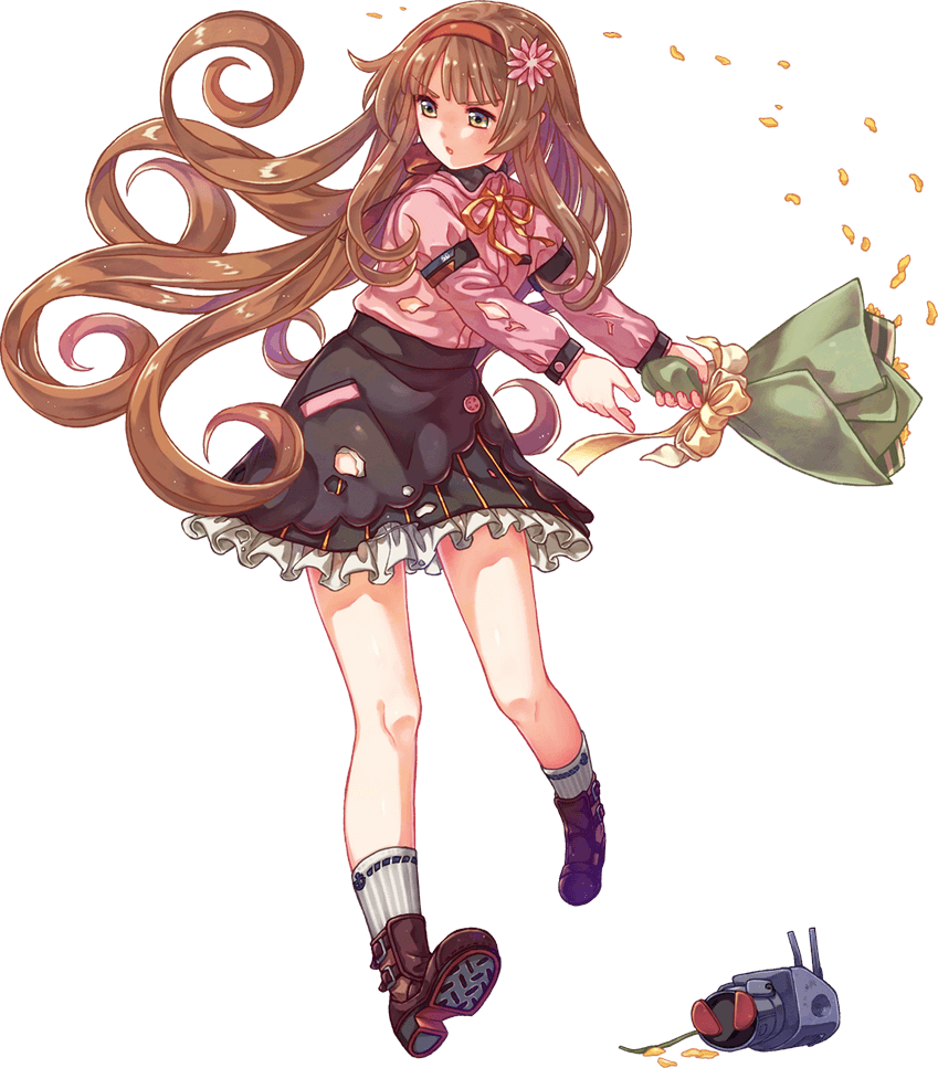 1girl acea4 bangs black_skirt blunt_bangs boots bouquet brown_footwear brown_hair creature flower full_body green_eyes hair_flower hair_ornament helena_(kancolle) kantai_collection kneehighs long_hair long_sleeves looking_at_viewer looking_to_the_side official_art pink_shirt shirt skirt smile standing swinging third-party_source transparent_background very_long_hair white_legwear