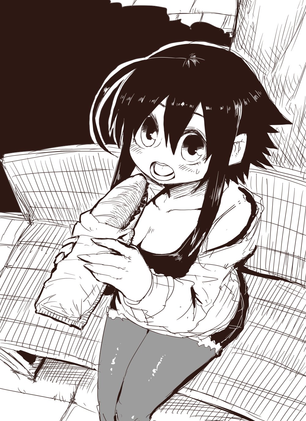 1girl ahoge bench black_eyes black_hair breasts coat denim denim_shorts eating food highres jacket juugoya_(zyugoya) looking_at_viewer medium_breasts monochrome musuko_ga_kawaikute_shikatanai_mazoku_no_hahaoya nishimura_chiharu open_mouth pantyhose sandwich shorts sidelocks sitting tank_top tree