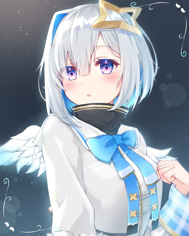 1girl aiguillette amane_kanata angel angel_wings asymmetrical_bangs asymmetrical_hair bangs blue_hair blue_neckwear blue_wings blush bob_cut bow bowtie colored_inner_hair cropped_jacket eyes_visible_through_hair feathered_wings gingham gradient gradient_wings grey_jacket hair_over_one_eye halo hololive jacket long_sleeves looking_to_the_side mini_wings multicolored multicolored_hair multicolored_wings parted_lips sailor_collar short_hair silver_hair single_hair_intake sleeve_cuffs sleeves_folded_up star_halo turtleneck upper_body violet_eyes virtual_youtuber white_wings wide_sleeves wings zky_(oekaky)