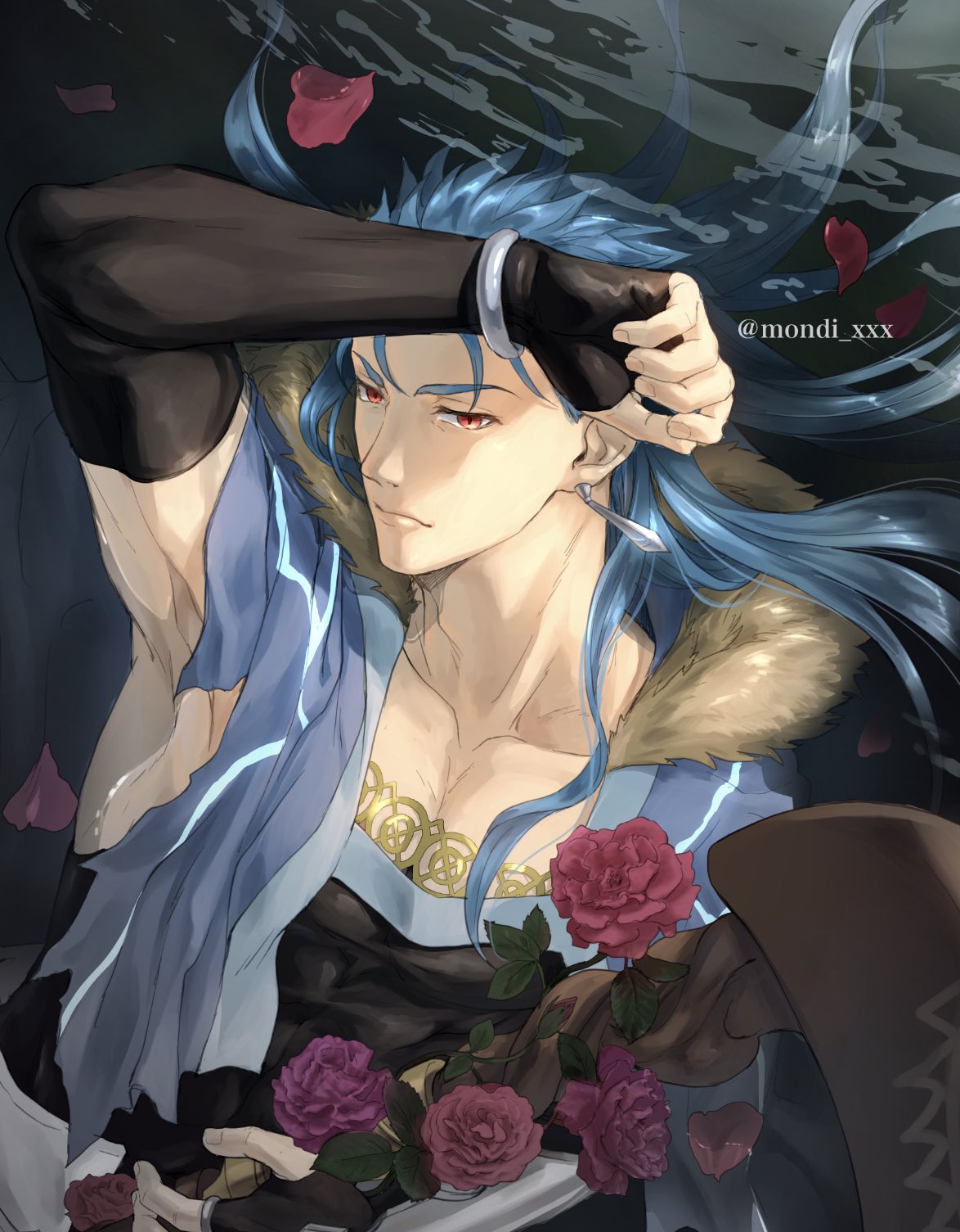 1boy arm_up armpits blue_hair bracelet capelet closed_mouth collarbone cu_chulainn_(fate)_(all) cu_chulainn_(fate/grand_order) detached_sleeves earrings fate/grand_order fate_(series) flower fur-trimmed_hood fur_trim highres holding holding_staff hood hooded_capelet jewelry long_hair male_focus mondi_hl muscular muscular_male petals ponytail red_eyes rose rose_petals solo spiky_hair staff twitter_username water wooden_staff