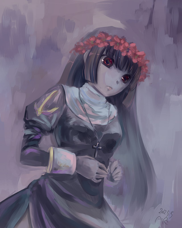 1girl bangs black_dress black_hair closed_mouth commentary_request cowboy_shot cross cross_necklace dated dress flower head_wreath jewelry juliet_sleeves long_hair long_sleeves looking_afar mizu_no_hoshi necklace painterly pink_flower priest_(ragnarok_online) puffy_sleeves ragnarok_online red_eyes sidelocks solo