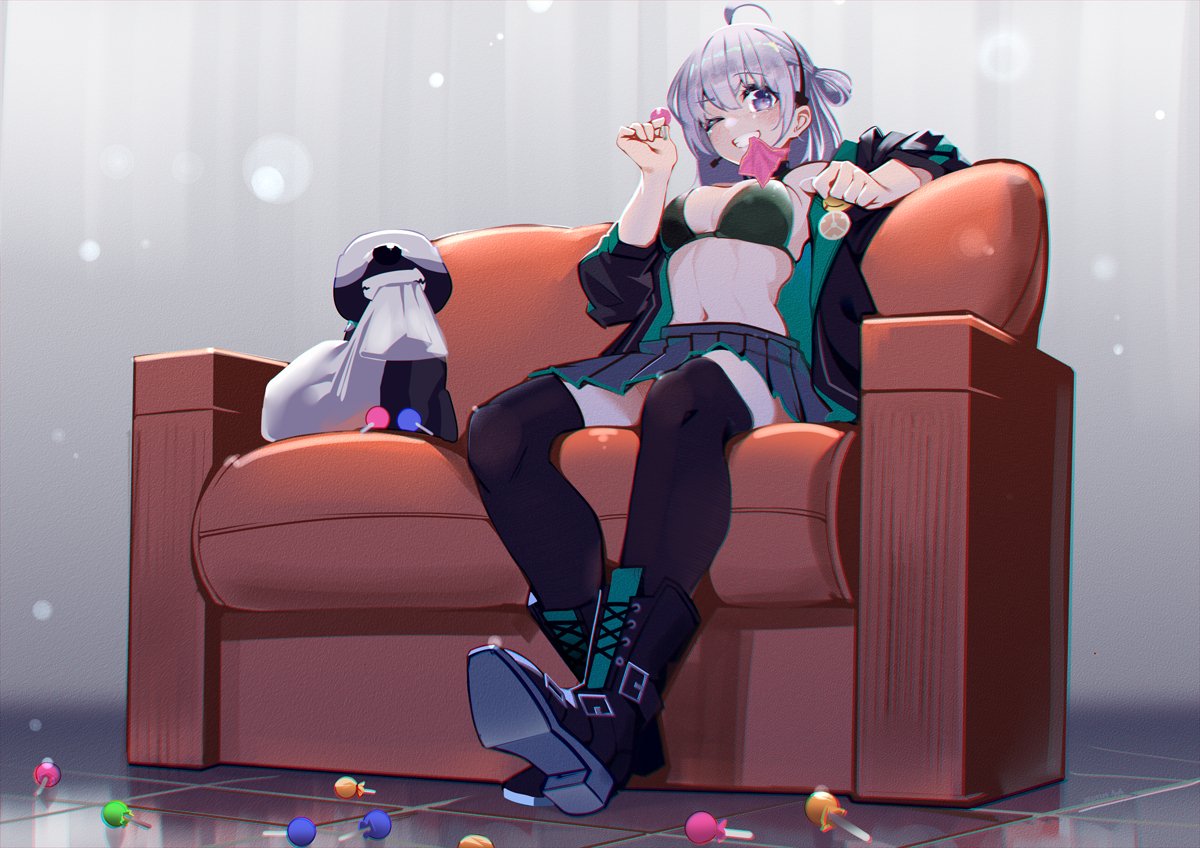 1girl ahoge animal bikini bikini_top black_footwear boots candy choker commentary_request couch food girls_frontline grey_eyes grey_hair grin holding holding_candy holding_food honey_badger honey_badger_(girls_frontline) jacket lollipop long_hair one_eye_closed pleated_skirt shoe_soles sitting skirt smile solo swimsuit thigh-highs warashi