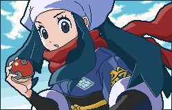 1girl aoshima_(pidove810) clouds commentary_request eyelashes female_protagonist_(pokemon_legends:_arceus) floating_scarf from_below hand_up head_scarf holding holding_poke_ball long_hair lowres parted_lips pixel_art poke_ball poke_ball_(legends) pokemon pokemon_(game) pokemon_legends:_arceus ponytail red_scarf sash scarf sidelocks sky solo undershirt upper_body white_headwear
