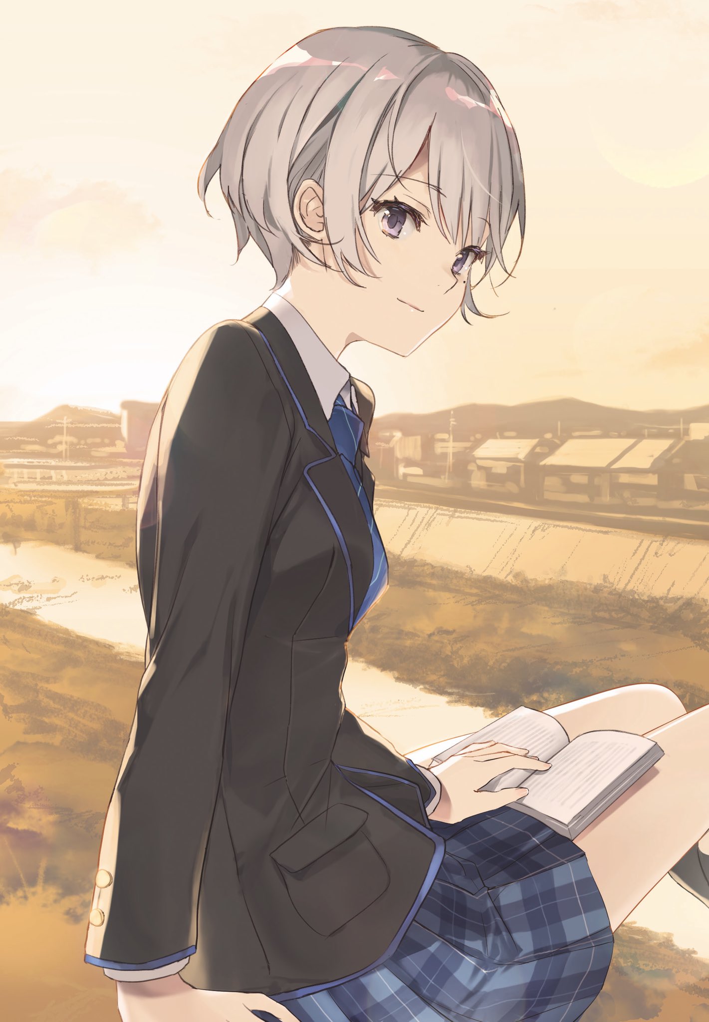 1girl arm_support bangs black_jacket blue_eyes blue_neckwear blue_skirt book chitose-kun_wa_ramune_bin_no_naka closed_mouth collared_shirt day evening eyebrows_visible_through_hair from_side highres holding jacket long_sleeves looking_at_viewer looking_to_the_side miniskirt necktie nishino_asuka novel_illustration official_art on_ground open_book outdoors plaid plaid_skirt pleated_skirt riverbank school_uniform second-party_source shiny shiny_hair shirt short_hair silver_hair sitting skirt smile solo striped striped_neckwear sunset textless thighs weee_(raemz) white_shirt wing_collar