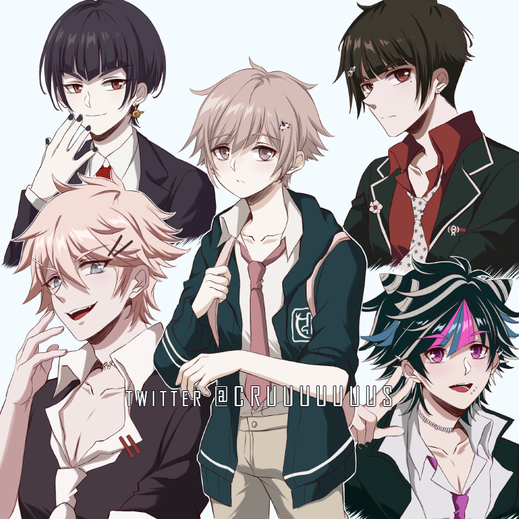 5boys :d backpack badge bag bangs black-choker black_hair black_jacket black_nails black_shirt blue_hair brown_hair brown_pants celestia_ludenberg choker collarbone commentary cowboy_shot criis-chan cropped_torso dangan_ronpa:_trigger_happy_havoc dangan_ronpa_(series) dangan_ronpa_2:_goodbye_despair dangan_ronpa_3_(anime) dangan_ronpa_v3:_killing_harmony earrings enoshima_junko fangs frown genderswap genderswap_(ftm) grey_hair hair_between_eyes hair_cones hair_ornament hairclip hand_up harukawa_maki hood hood_down hooded_jacket jacket jewelry light_brown_hair looking_at_viewer loose_necktie mioda_ibuki mole mole_under_eye multicolored_hair multiple_boys nail_polish nanami_chiaki necktie open_mouth pants pink_eyes pink_hair pink_neckwear pointy_nose red_eyes red_neckwear red_shirt shirt shirt_tucked_in short_hair smile star_(symbol) star_print twitter_username upper_teeth white_neckwear