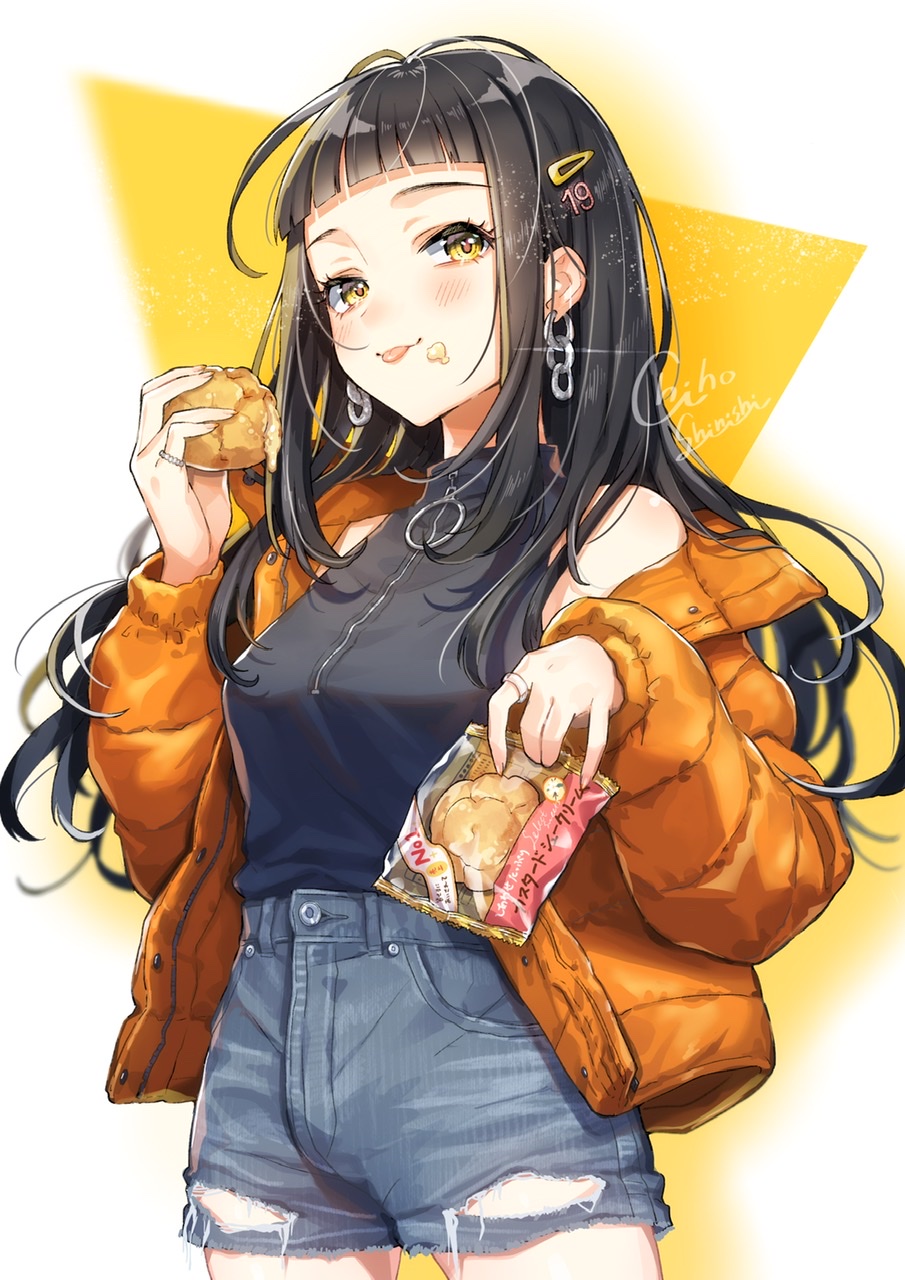 1girl bangs black_hair black_shirt blunt_bangs blush chain_earrings coat cream_puff denim denim_shorts earrings eating food food_on_face hair_ornament hairclip highres holding holding_food jewelry long_hair number_hair_ornament orange_coat original piroshiki123 ring shirt shorts signature simple_background sleeveless standing tongue tongue_out torn_clothes torn_shorts yellow_eyes zipper