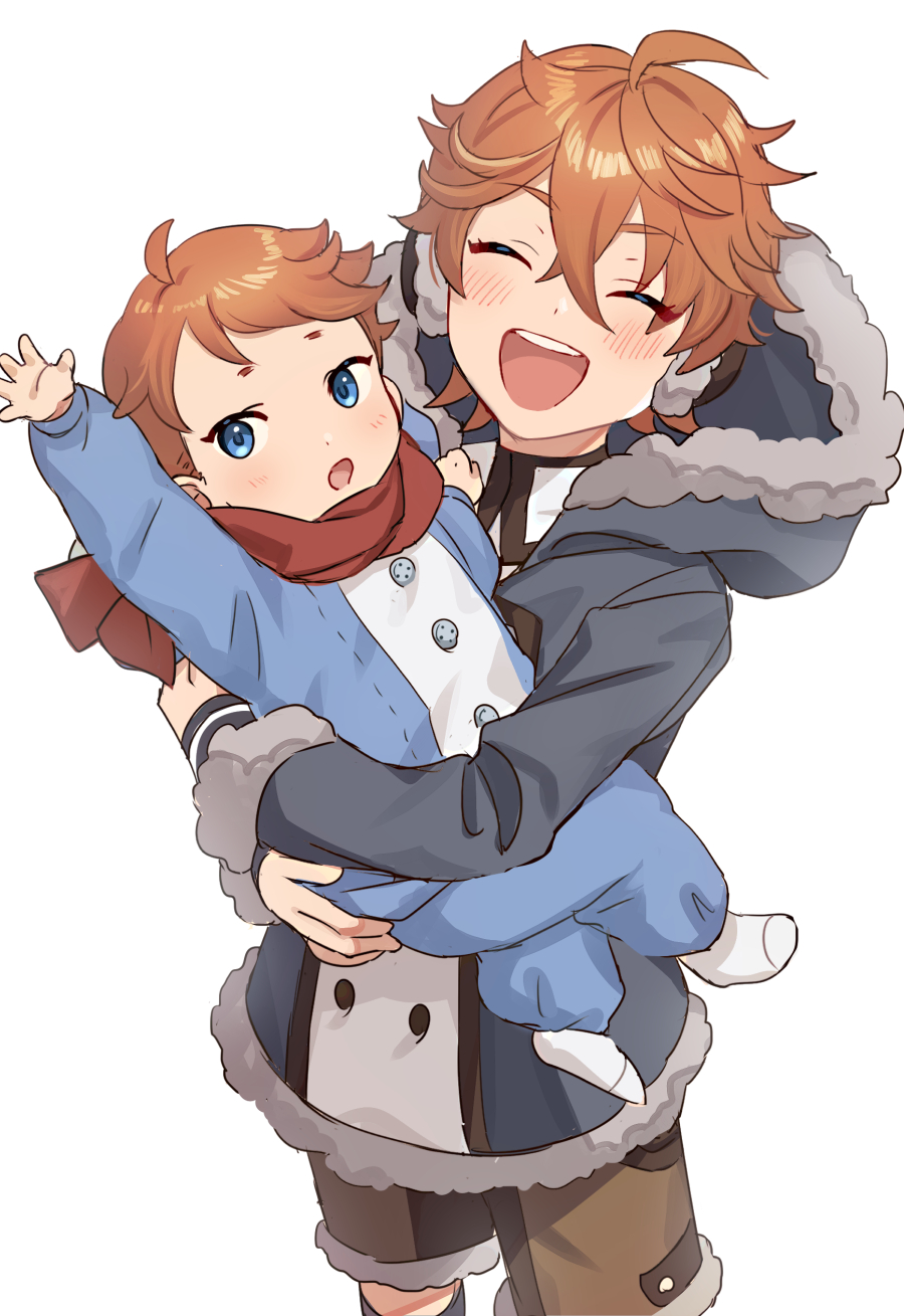 2boys ahoge baby bangs blue_coat blue_eyes blush brown_shorts buttons child closed_eyes coat crossed_bangs earmuffs eyebrows_visible_through_hair fur-trimmed_coat fur_trim genshin_impact hair_between_eyes highres hooded_coat long_sleeves male_focus miz_003 multiple_boys open_mouth orange_hair red_scarf scarf shorts simple_background tartaglia_(genshin_impact) teucer_(genshin_impact) white_background younger