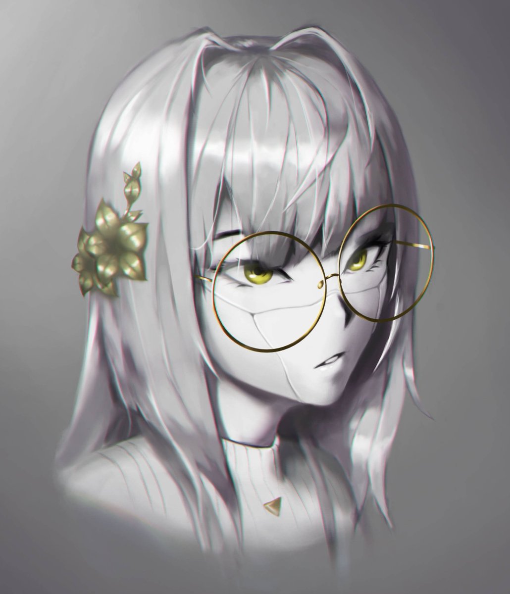 1girl android bangs english_commentary eyebrows_behind_hair flower glasses grey_background hair_flower hair_ornament highres indie_virtual_youtuber looking_ahead metal_skin parted_lips ribbed_sweater round_eyewear science_fiction silver_hair solo sweater the_cecile_(vtuber) upper_body virtual_youtuber yellow_eyes yormund