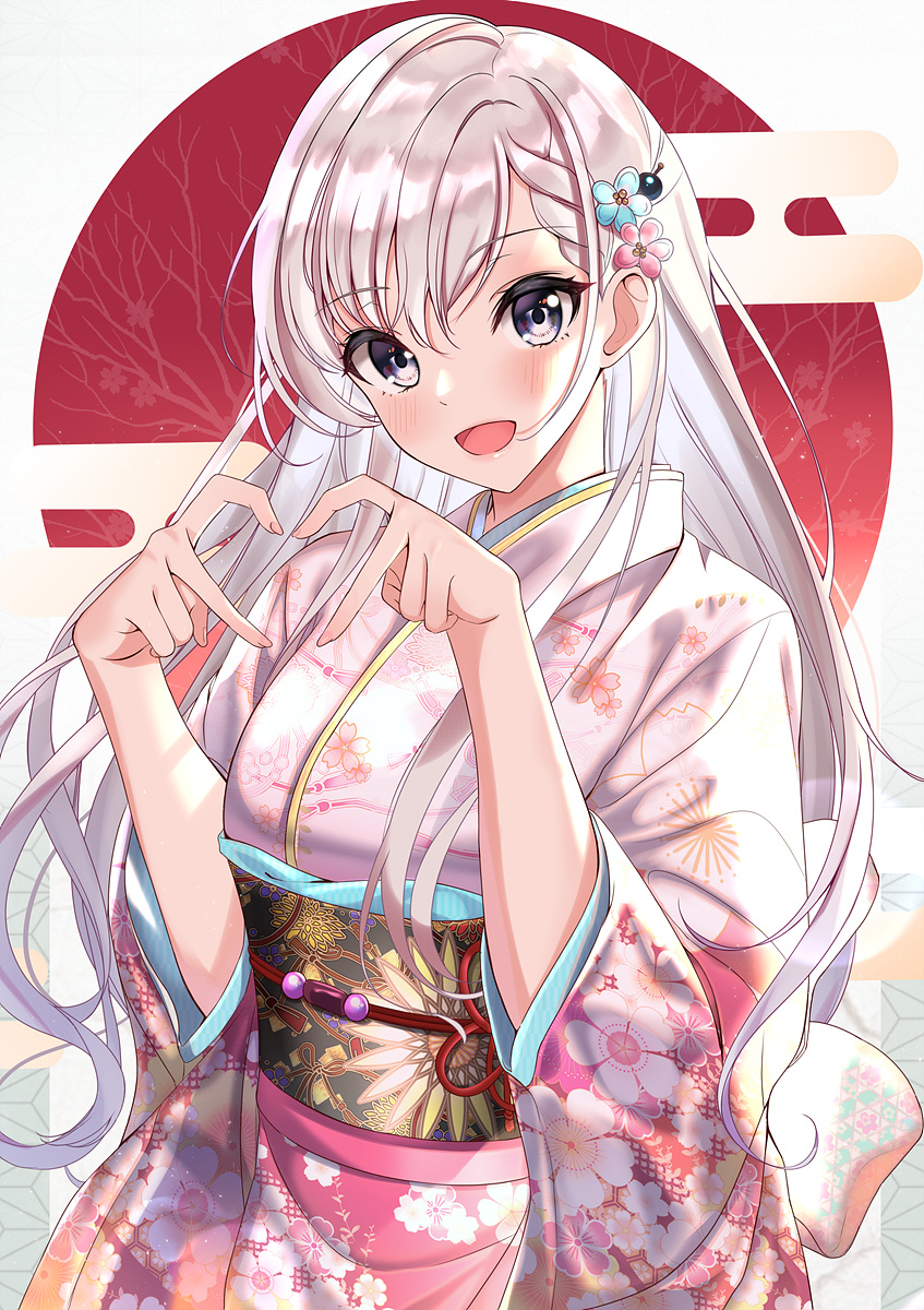 1girl :d bangs blue_flower braid braided_bangs commentary_request egasumi eyebrows_visible_through_hair floral_print flower grey_eyes hair_between_eyes hair_flower hair_ornament hands_up heart heart_hands highres hisakawa_hayate idolmaster idolmaster_cinderella_girls idolmaster_cinderella_girls_starlight_stage japanese_clothes kimono long_hair long_sleeves looking_at_viewer obi open_mouth pink_kimono print_kimono red_flower sash silver_hair smile solo sutoroa very_long_hair wide_sleeves