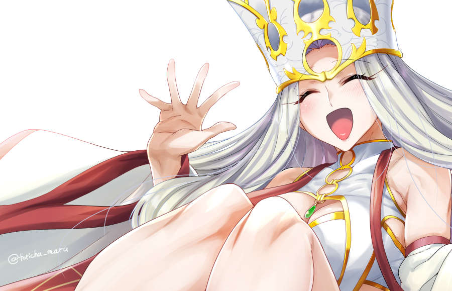 1girl bangs bare_shoulders blush breast_curtains breasts closed_eyes crown dress dress_of_heaven eyelashes fate/grand_order fate_(series) forehead irisviel_von_einzbern irisviel_von_einzbern_(caster) knees_up large_breasts long_hair long_sleeves looking_at_viewer navel open_mouth parted_bangs smile solo torichamaru white_dress white_hair