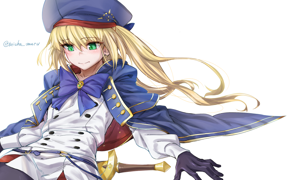 1girl artoria_pendragon_(all) artoria_pendragon_(caster)_(fate) bangs belt beret black_gloves black_legwear blonde_hair blue_belt blue_cape blue_headwear blush breasts buttons cape closed_mouth double-breasted fate/grand_order fate_(series) gloves green_eyes hat long_hair long_sleeves multicolored multicolored_cape multicolored_clothes o-ring_belt pantyhose small_breasts striped_belt sword torichamaru weapon