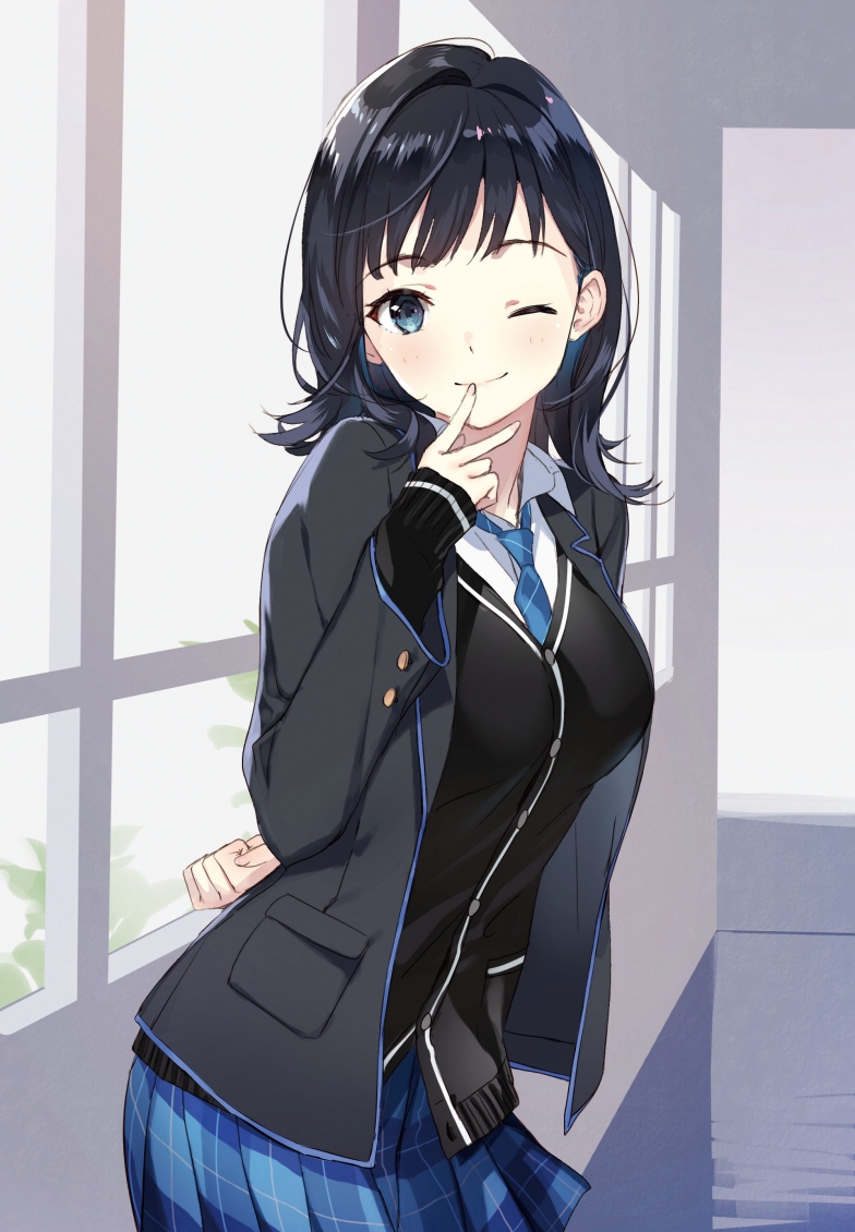 1girl ;) arm_behind_back bangs black_cardigan black_hair black_jacket blazer blue_eyes blue_neckwear blue_skirt blush breasts cardigan chitose-kun_wa_ramune_bin_no_naka closed_mouth collared_shirt cowboy_shot eyebrows_visible_through_hair finger_to_mouth hair_intakes hallway indoors jacket long_hair long_sleeves looking_at_viewer medium_breasts miniskirt nanase_yuzuki necktie novel_illustration official_art one_eye_closed open_blazer open_clothes open_jacket plaid plaid_skirt pleated_skirt school_uniform shiny shiny_hair shirt skirt sleeves_past_wrists smile solo standing textless v weee_(raemz) white_shirt window wing_collar