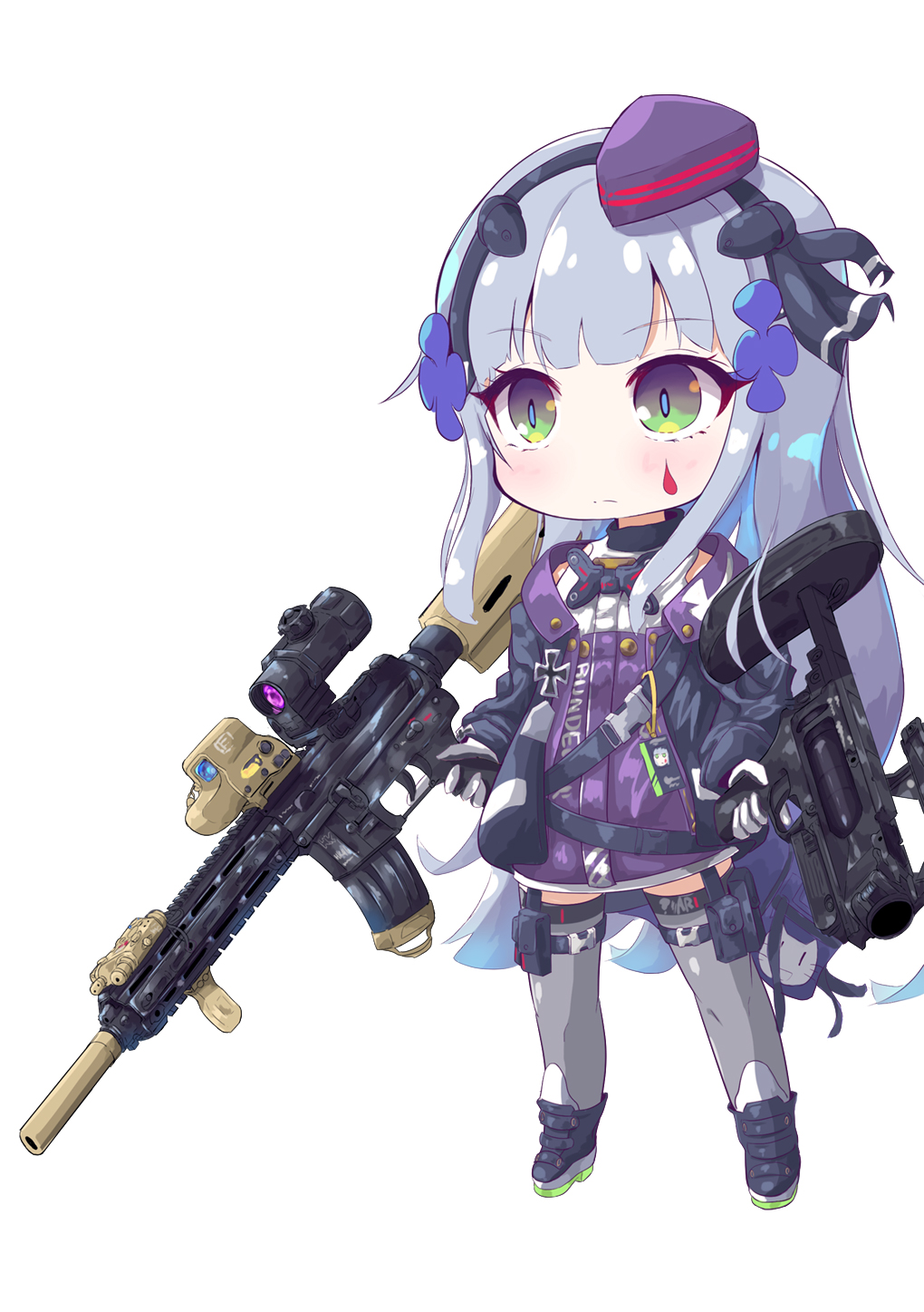 1girl assault_rifle bangs chibi facial_mark german_text girls_frontline green_eyes grenade_launcher gun h&amp;k_hk416 hair_ornament highres hk416_(girls_frontline) iron_cross kuraja34 laser_pointer long_hair mod3_(girls_frontline) plaid plaid_skirt rifle scope silver_hair skirt solo suppressor teardrop trigger_discipline weapon weapon_request white_hair