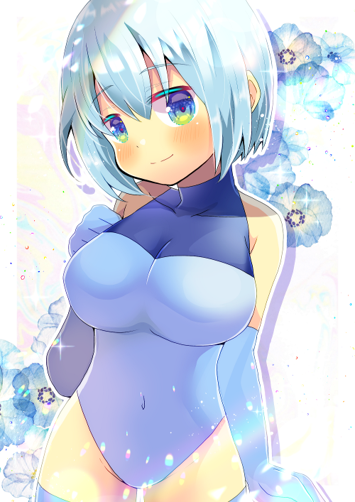 1girl bare_shoulders blue_eyes blue_flower blue_gloves blue_hair blue_leotard blush breasts closed_mouth covered_collarbone covered_navel cowboy_shot elbow_gloves floral_background flower gloves green_eyes groin hand_up kouu_hiyoyo leotard looking_at_viewer medium_breasts multicolored multicolored_eyes original smile solo