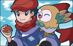1boy aoshima_(pidove810) black_hair closed_mouth clouds floating_scarf from_below gen_7_pokemon hand_up hat holding holding_poke_ball lowres male_focus male_protagonist_(pokemon_legends:_arceus) pixel_art poke_ball poke_ball_(legends) pokemon pokemon_(creature) pokemon_(game) pokemon_legends:_arceus pokemon_on_arm red_headwear red_scarf rowlet scarf short_hair sky smile starter_pokemon undershirt