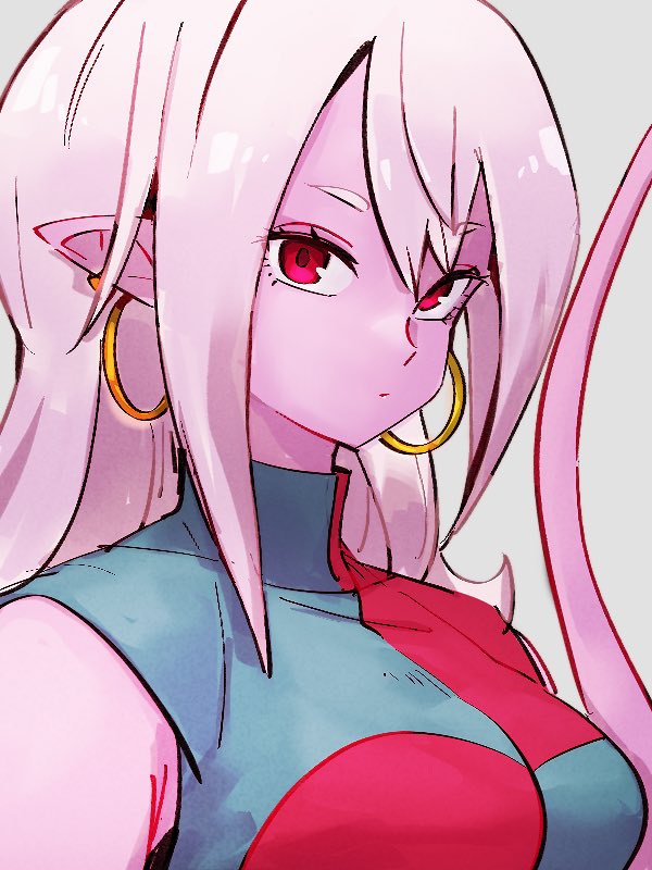 1girl android_21 breasts checkered checkered_dress colored_skin dragon_ball dragon_ball_fighterz dress earrings hoop_earrings jewelry kemachiku long_hair looking_at_viewer majin_android_21 pink_skin red_eyes solo tail upper_body white_hair