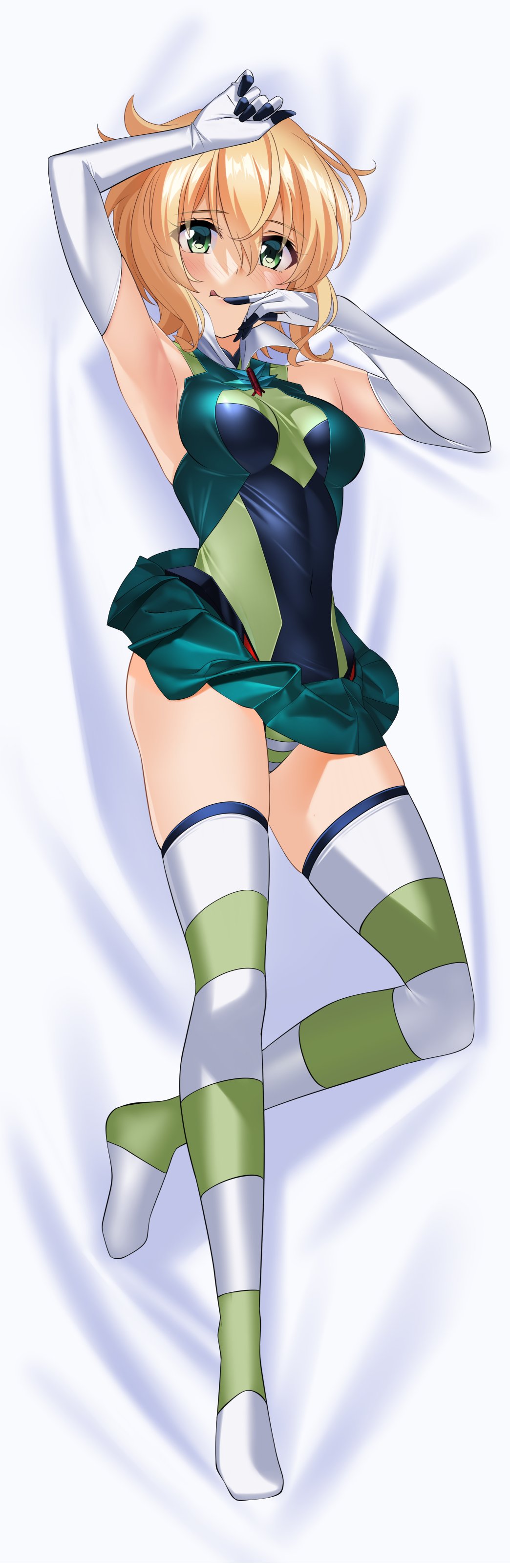 1girl absurdres akatsuki_kirika bed_sheet blonde_hair blush breasts dakimakura_(medium) full_body green_eyes green_leotard highres leotard looking_at_viewer lying medium_breasts nyanmaru on_back senki_zesshou_symphogear shiny shiny_hair shiny_skin short_hair skirt solo striped striped_legwear thigh-highs