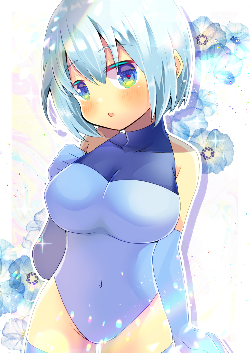 1girl :o bare_shoulders blue_eyes blue_flower blue_gloves blue_hair blue_leotard blush breasts commentary_request covered_collarbone covered_navel cowboy_shot elbow_gloves floral_background flower gloves green_eyes groin hand_up kouu_hiyoyo leotard looking_at_viewer medium_breasts multicolored multicolored_eyes original parted_lips solo