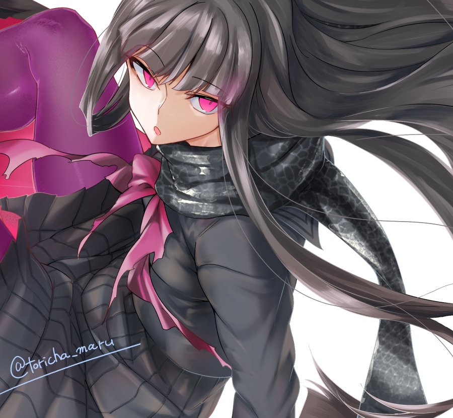 1girl bangs black_hair black_scarf black_shirt black_skirt breasts fate/grand_order fate_(series) long_hair long_sleeves looking_at_viewer open_mouth oryou_(fate) pink_eyes pleated_skirt purple_legwear scarf shirt skirt torichamaru very_long_hair