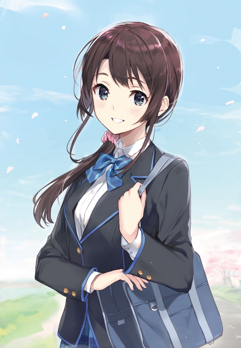 1girl bag bangs black_jacket blue_bow blue_eyes blue_neckwear blue_skirt blush bow bowtie breasts brown_hair chitose-kun_wa_ramune_bin_no_naka collared_shirt day dress_shirt floating_hair grin hair_ornament hair_over_shoulder hair_scrunchie jacket long_hair long_sleeves looking_at_viewer low_ponytail medium_breasts novel_illustration official_art outdoors pink_scrunchie ponytail school_bag school_uniform scrunchie shiny shiny_hair shirt skirt smile solo standing striped striped_bow striped_neckwear textless upper_body usada_yua weee_(raemz) white_shirt wing_collar